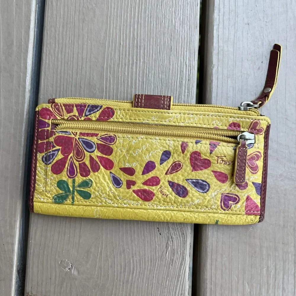 FOSSIL Vintage Women's Floral Leather Wristlet Clutch Wallet Yellow Zippered